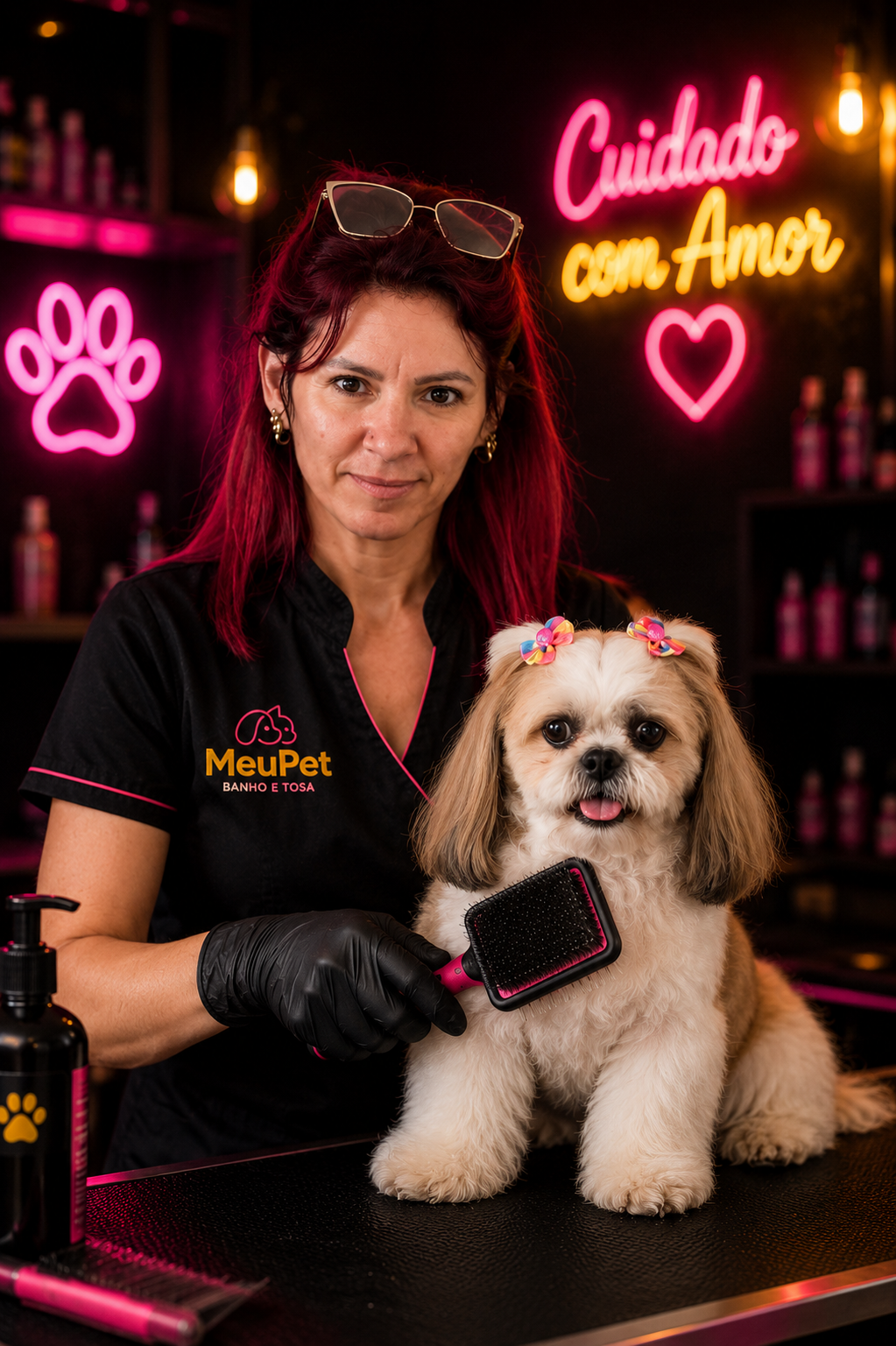 Groomers da Meu Pet cuidando de cão com carinho em Foz do Iguaçu